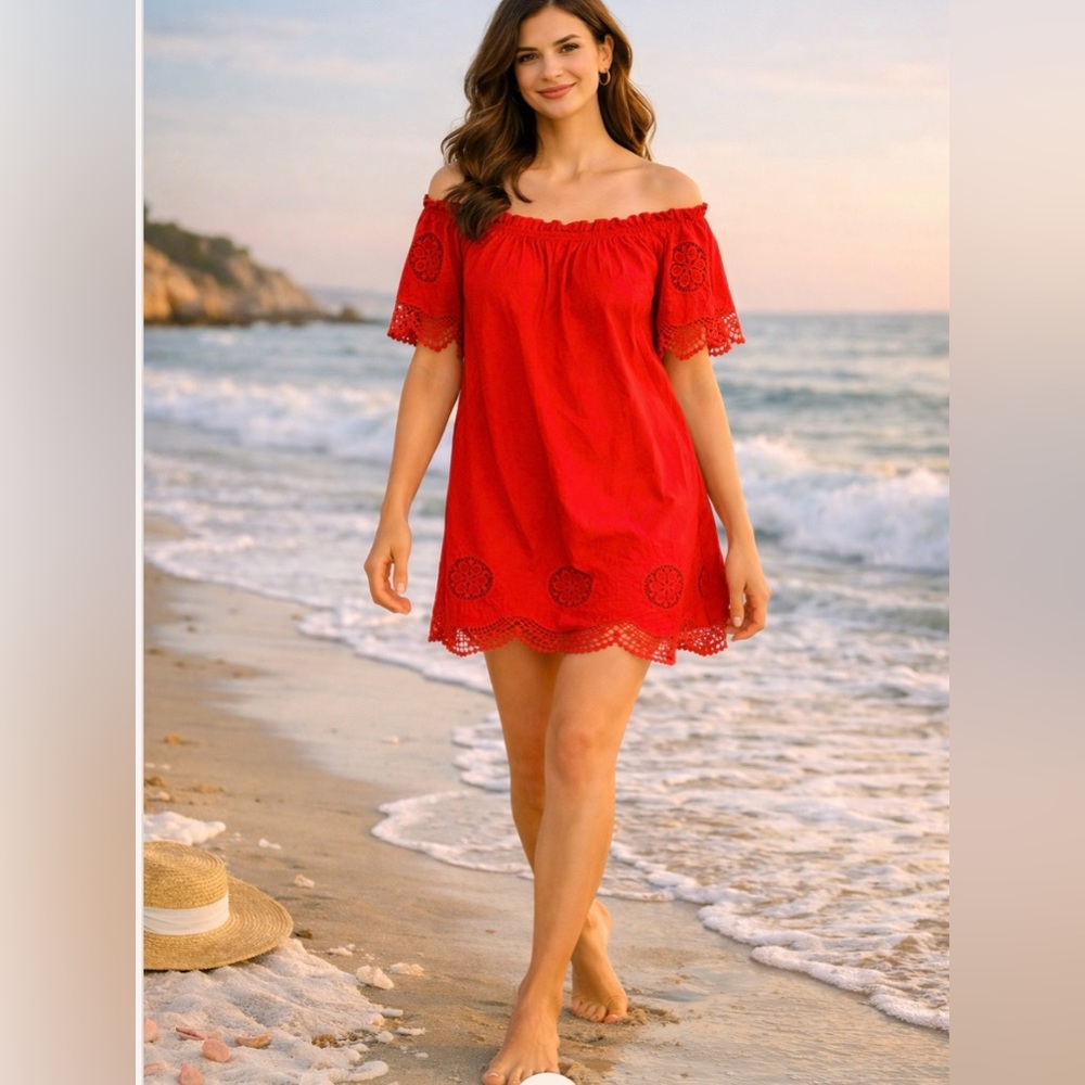 Indigo Rose Tomato Embroidered Crochet Peasant Lined Mini Dress. 2X